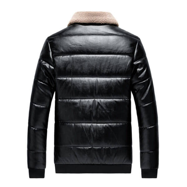 Padded Turn-Down Collar Casual Puffer Leather Jacket - Image 2