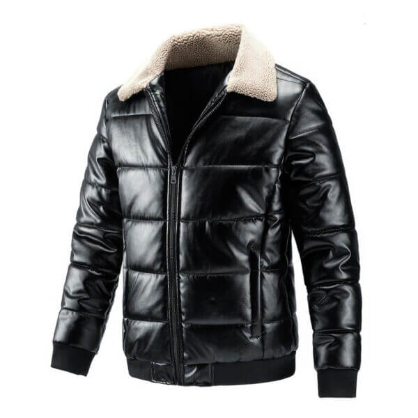 Padded Turn-Down Collar Casual Puffer Leather Jacket - Image 4