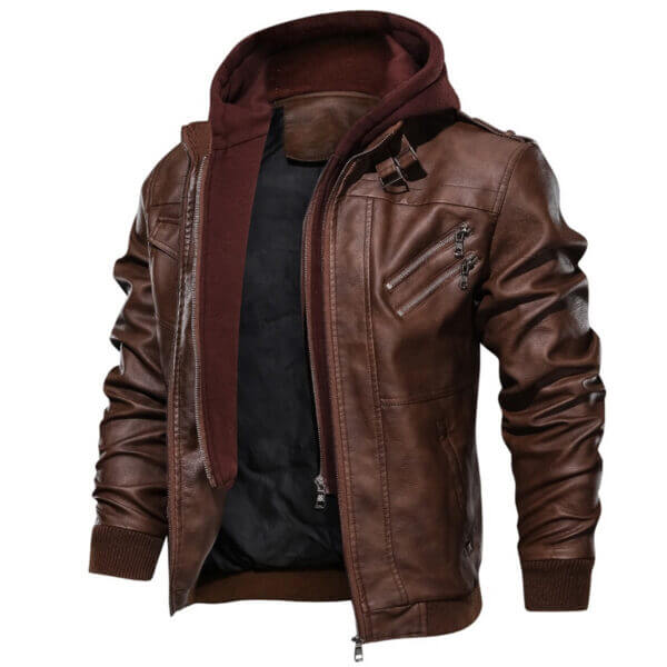 Pilot Brown Moto Biker Hooded Bomber Leather Jacket - Image 4