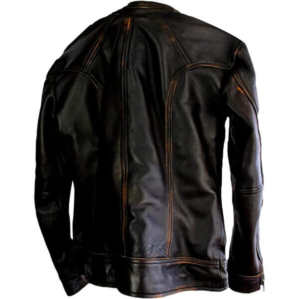 Slim Fit Vintage Distressed Lined Biker Leather Jacket - Image 2