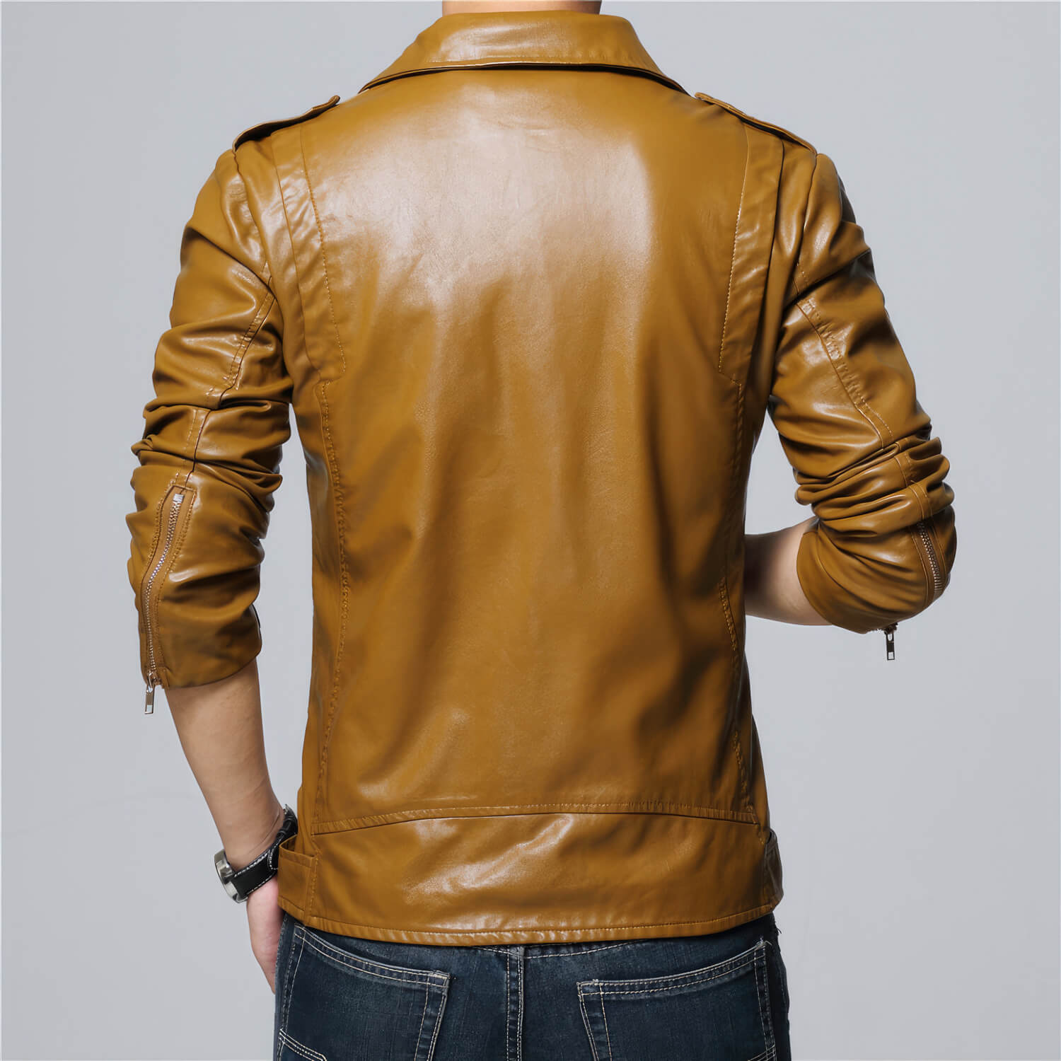 Tan Brown Retro Asymmetrical Leather Jacket