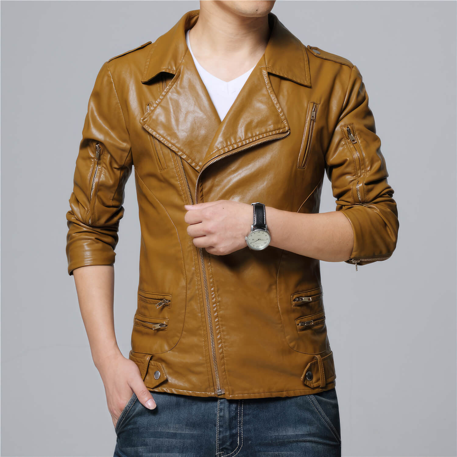 Tan Brown Retro Asymmetrical Leather Jacket - Image 2