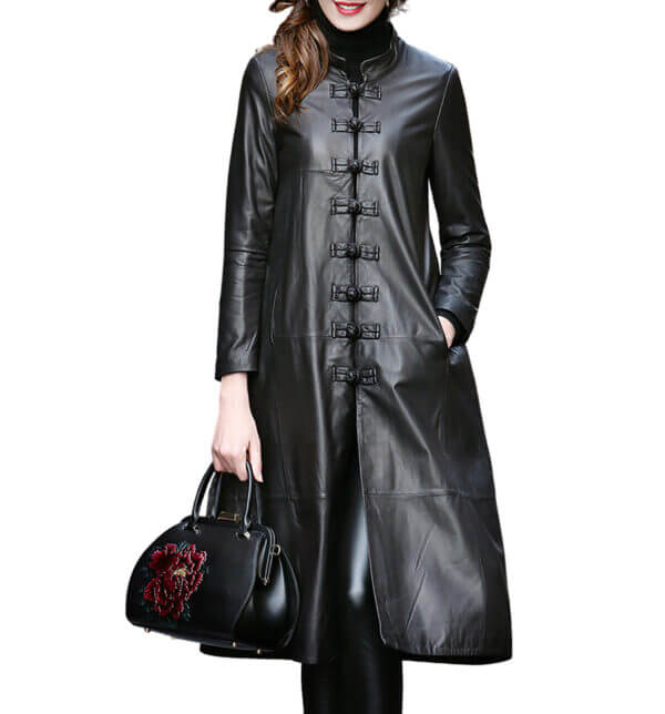 Genuine Sheepskin Mandarin Collar Long Chinese Style Leather Coat