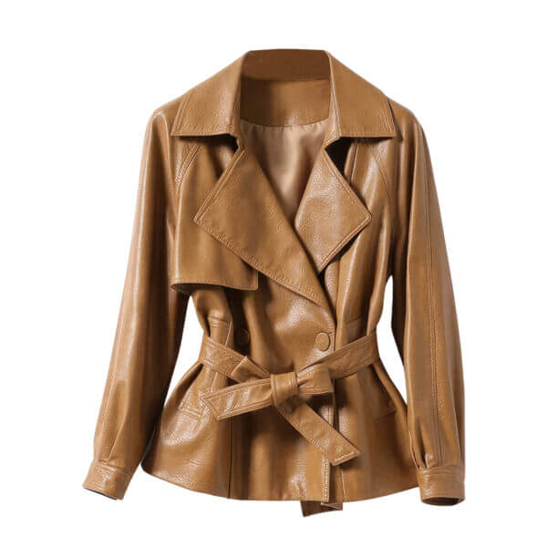 Genuine Sheepskin Lapel Collar Casual Belted Autumn Spring Leather Jacket