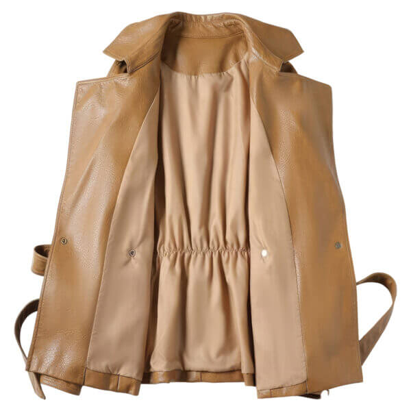 Genuine Sheepskin Lapel Collar Casual Belted Autumn Spring Leather Jacket - Image 3