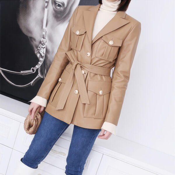 Genuine Sheepskin Single Breasted Multi-Pockets Belted biker Leather Jacket - Image 2