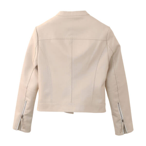 Genuine Sheepskin Round Neck Zip-Up Cafe Biker Asymmetric Leather Jacket - Image 2