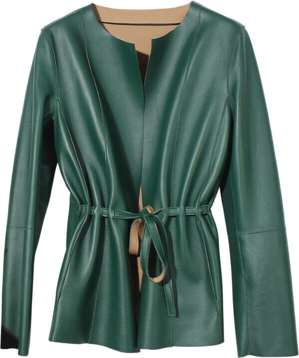 Genuine Sheepskin Round Neck European Pleated Simple Leather Coat