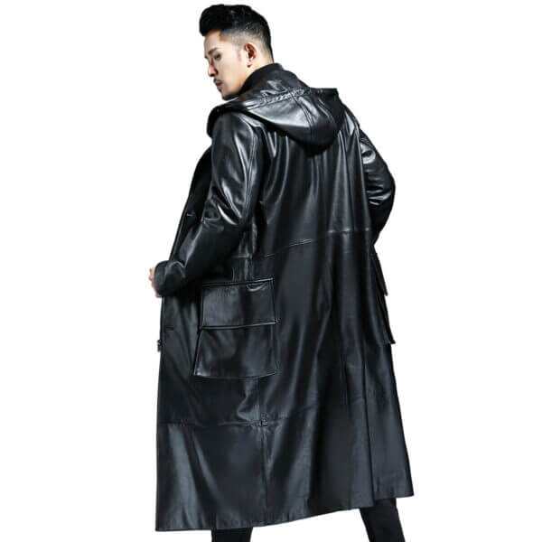 Zip Up WW2 Hooded Leather Duster Jacket - Image 2