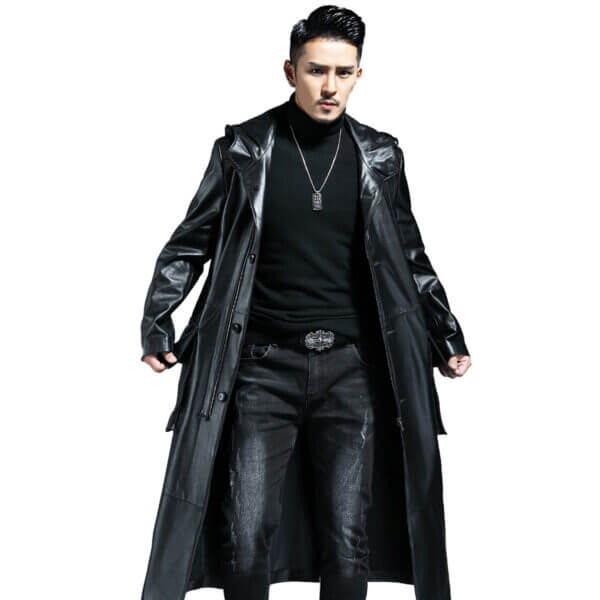 Zip Up WW2 Hooded Leather Duster Jacket - Image 3