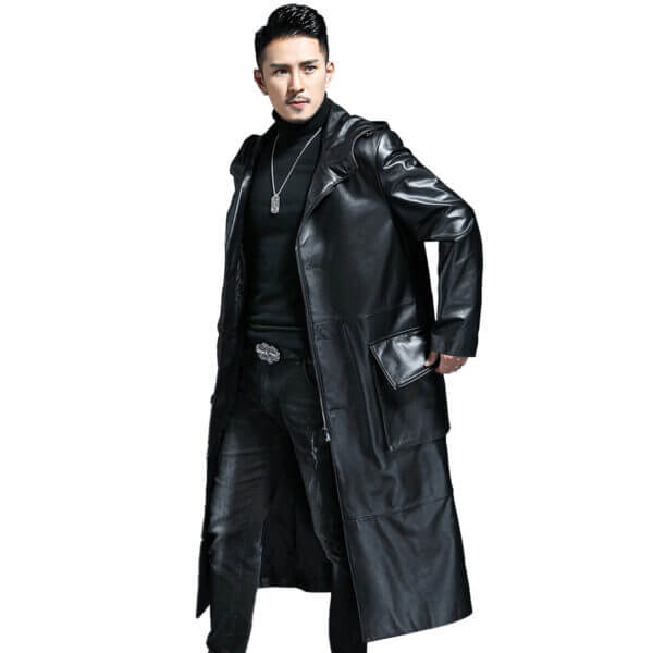 Zip Up WW2 Hooded Leather Duster Jacket - Image 4