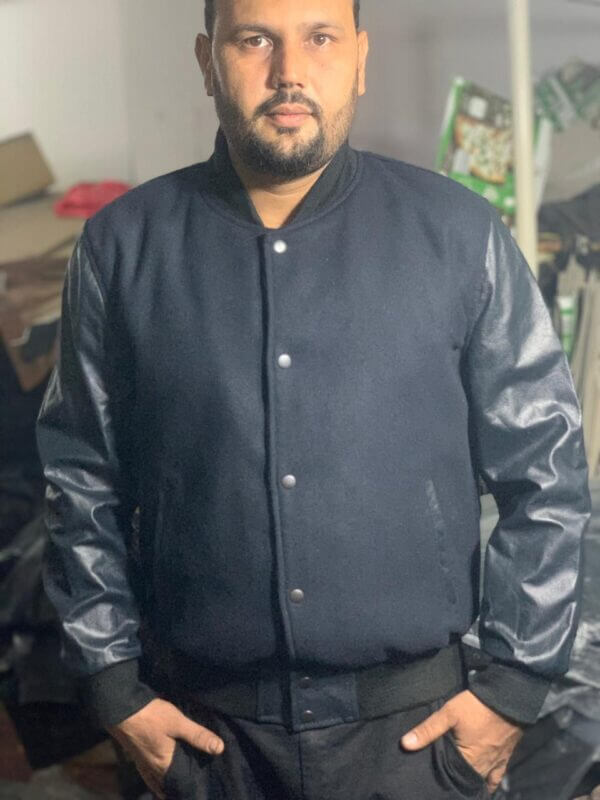 Dark Blue Classic Wool Jacket Leather Sleeves