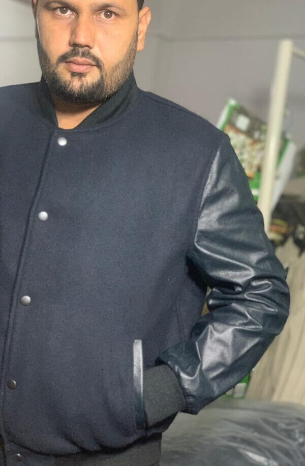 Dark Blue Classic Wool Jacket Leather Sleeves - Image 2