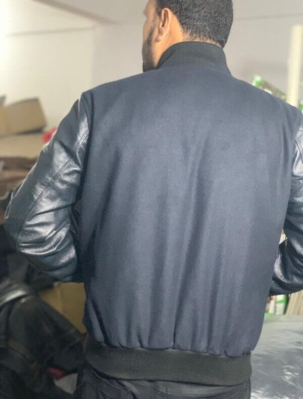 Dark Blue Classic Wool Jacket Leather Sleeves - Image 3