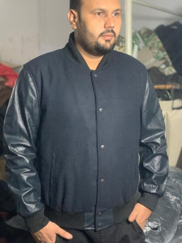 Dark Blue Classic Wool Jacket Leather Sleeves - Image 4