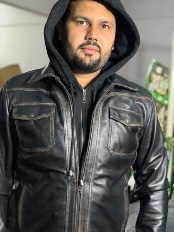 Antique Black Sheep Leather Hoodie Jacket - Image 4