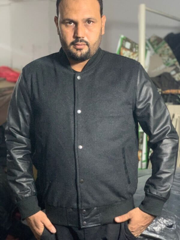 Black Classic Wool Jacket Leather Sleeves
