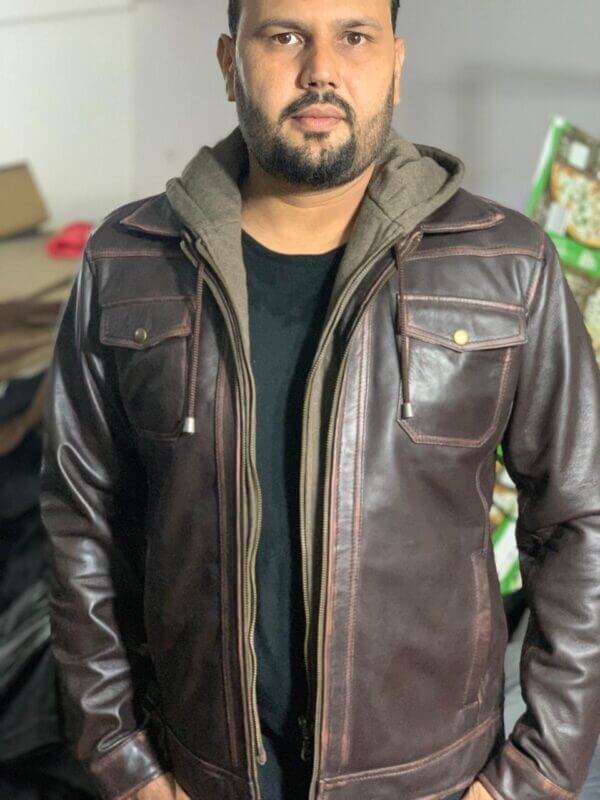 Antique Brown Sheep Leather Hoodie Jacket