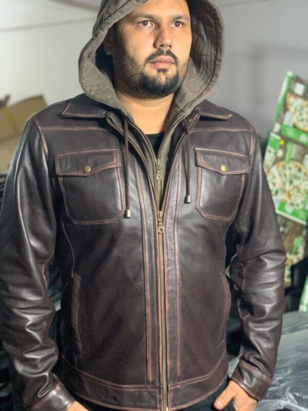 Antique Brown Sheep Leather Hoodie Jacket - Image 3