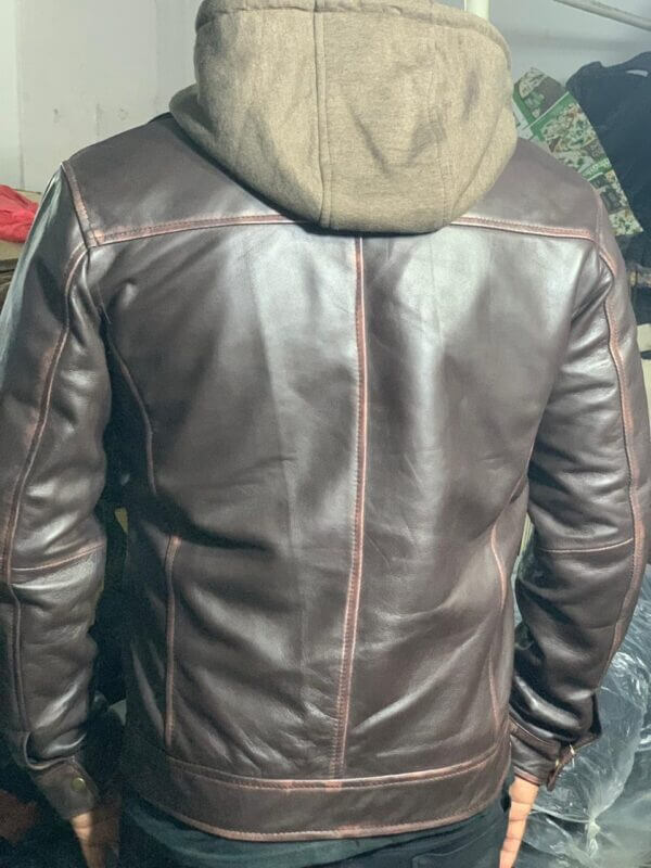 Antique Brown Sheep Leather Hoodie Jacket - Image 2