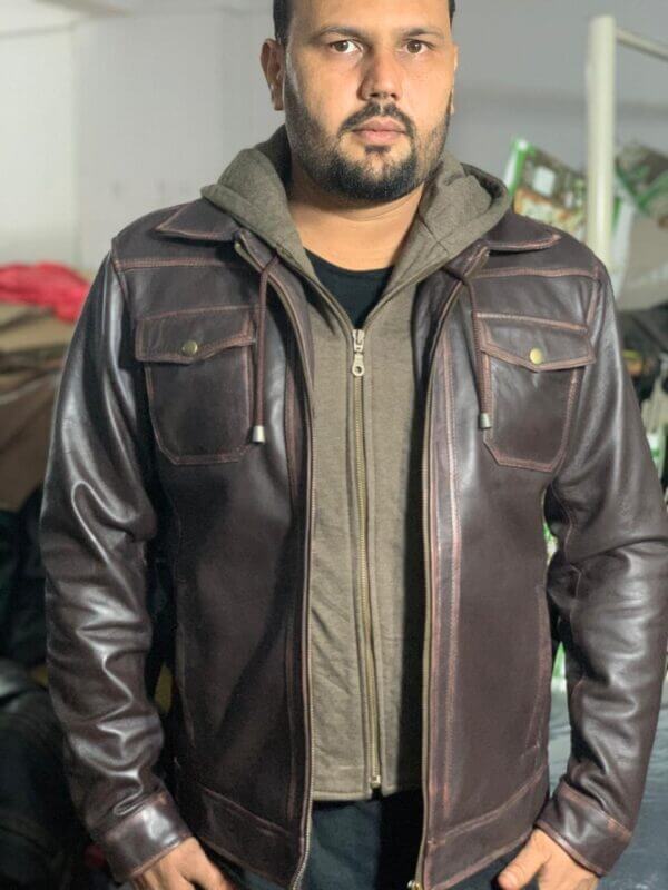 Antique Brown Sheep Leather Hoodie Jacket - Image 4