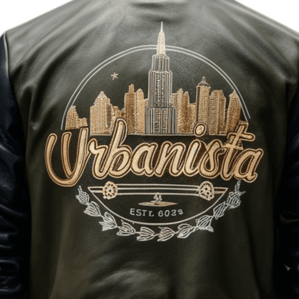 Urbanista Olive Gold Cityscape Leather Bomber Jacket - Image 2