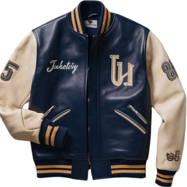 Jacketiry Navy Varsity Leather Bomber Jacket