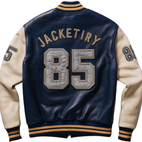 Jacketiry Navy Varsity Leather Bomber Jacket - Image 2