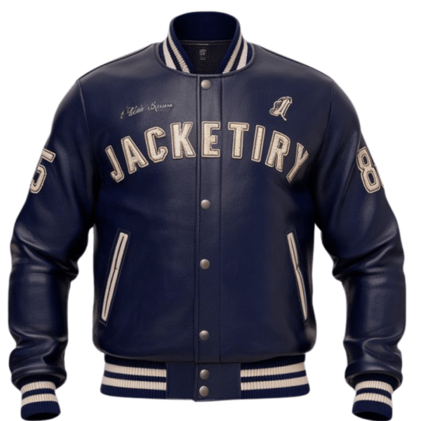 Jacketiry Navy Varsity Leather Bomber Jacket